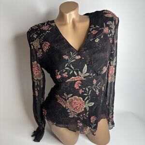 Vision Apparel Black Floral Beaded Mesh Silk Top M Whimsigoth Fairy Goth READ